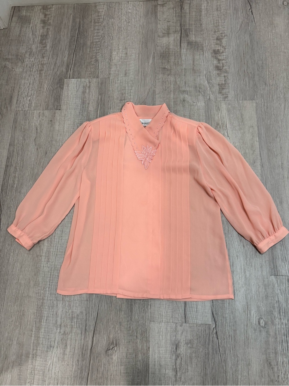 Vtg 80s Diversity Peach Salmon Blouse Pleated Embroidered Collar Sz 12 Korea